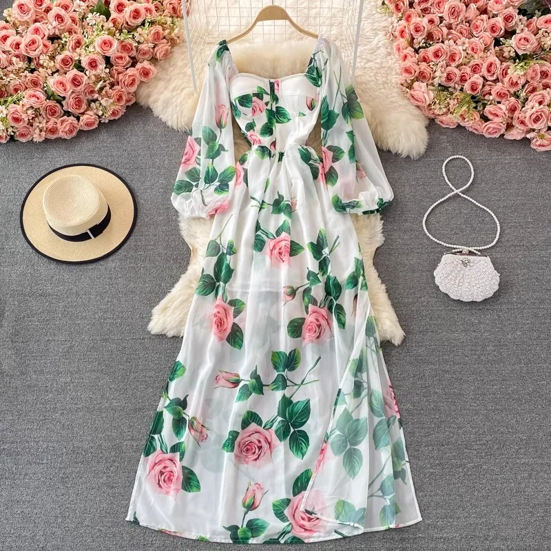 

Summer Rose Floral Bohemian Maxi Dress Women's Slash Neck Lantern Sleeve Backless Padded Cup Flower Print Beach Long Robes 326