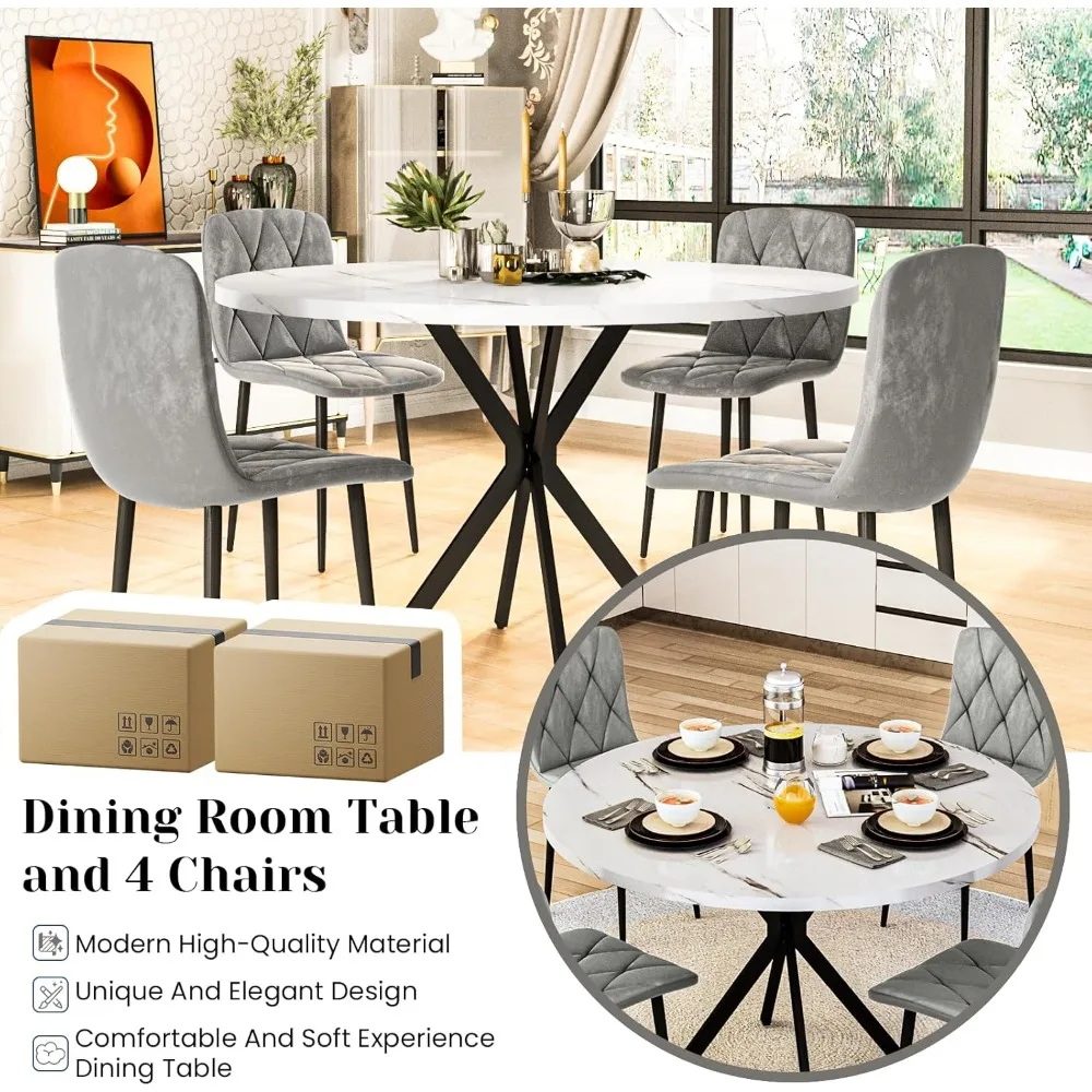 Round Dining Table and 4 Chairs, Faux Marble Round Table with 4 Velvet Chairs Modern Kitchen & Dining Room Sets for Home Kitchen Round Dining Table and 4 Chairs, Faux Marble Round Table with 4 Velvet Chairs Modern Kitchen & Dining Room Sets for Home Kitchen