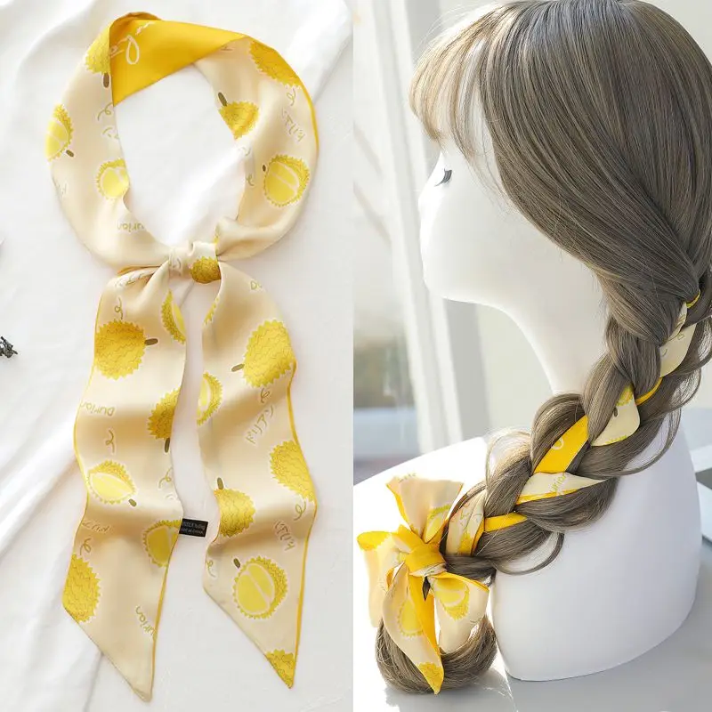 

Long thin narrow silk scarf female spring and autumn summer yellow hair with braid ribbon tied bag decorative ribbon belt