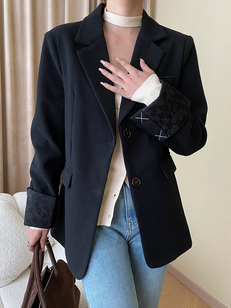 Женский шерстяной Блейзер с отложным воротником, кофейный свободный пиджак большого размера с длинным рукавом, Осень-зима O735 
Женский шерстяной Блейзер с отложным воротником, кофейный свободный пиджак большого размера с длинным рукавом, Осень-зима O735