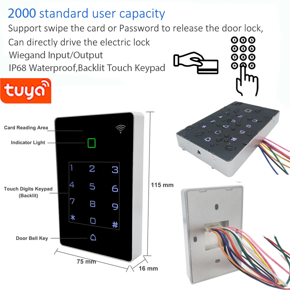 Waterproof WiFi Tuya Backlit Touch 125khz RFID Card Door Lock Access Control System Keypad WG26 Input Output
Waterproof WiFi Tuya Backlit Touch 125khz RFID Card Door Lock Access Control System Keypad WG26 Input Output