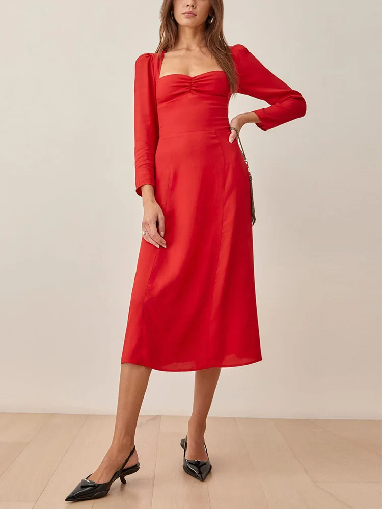 

Evening Party Dresses For Women 2022 Sweetheart Neck Elegant Vintage Red Dress Woman Cut Out Back Smocked Long Sleeve Midi Dress