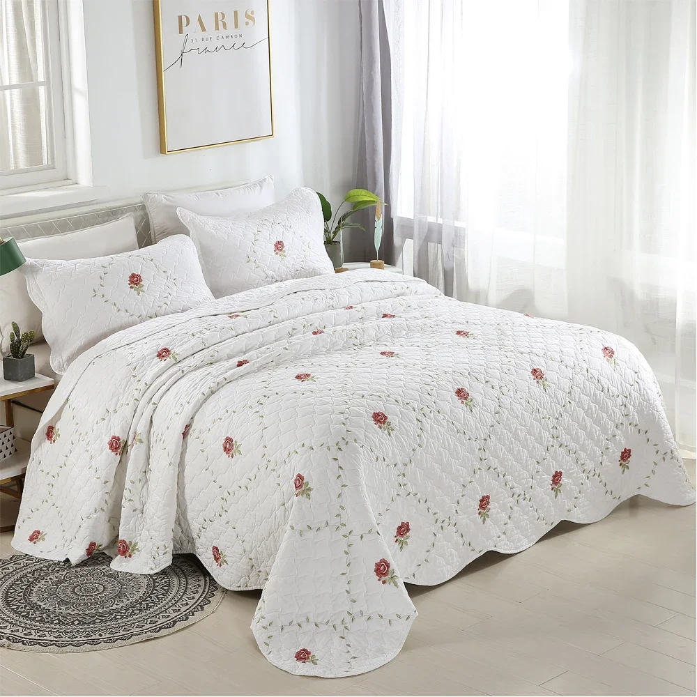 

3pcs cotton Bedspread on the Bed linen double bedspreads & coverlets Embroidered rose Mattress topper euro Couple quilt set