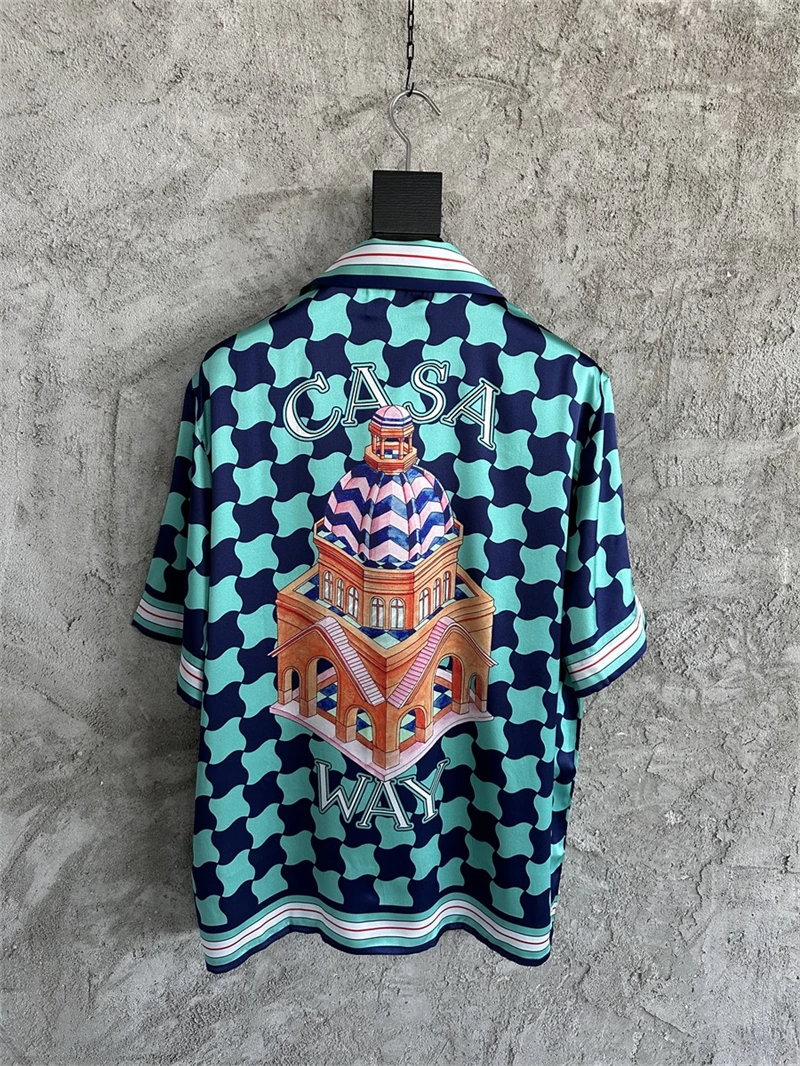 

New Blue check Casablanca Silk Shirt Castle Printing Streetwear Men Women Short Sleeve Hawaii Beach Shirts gym