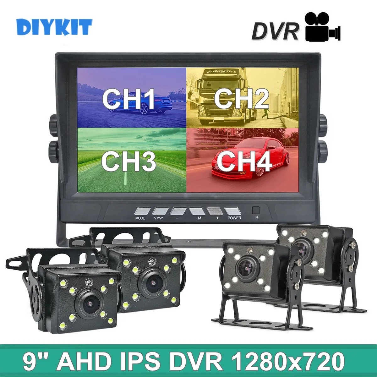 

DIYKIT 9inch AHD Split QUAD Car HD Monitor 1280*720 AHD Night Vision Rear View LED Camera Waterproof with Video Recording