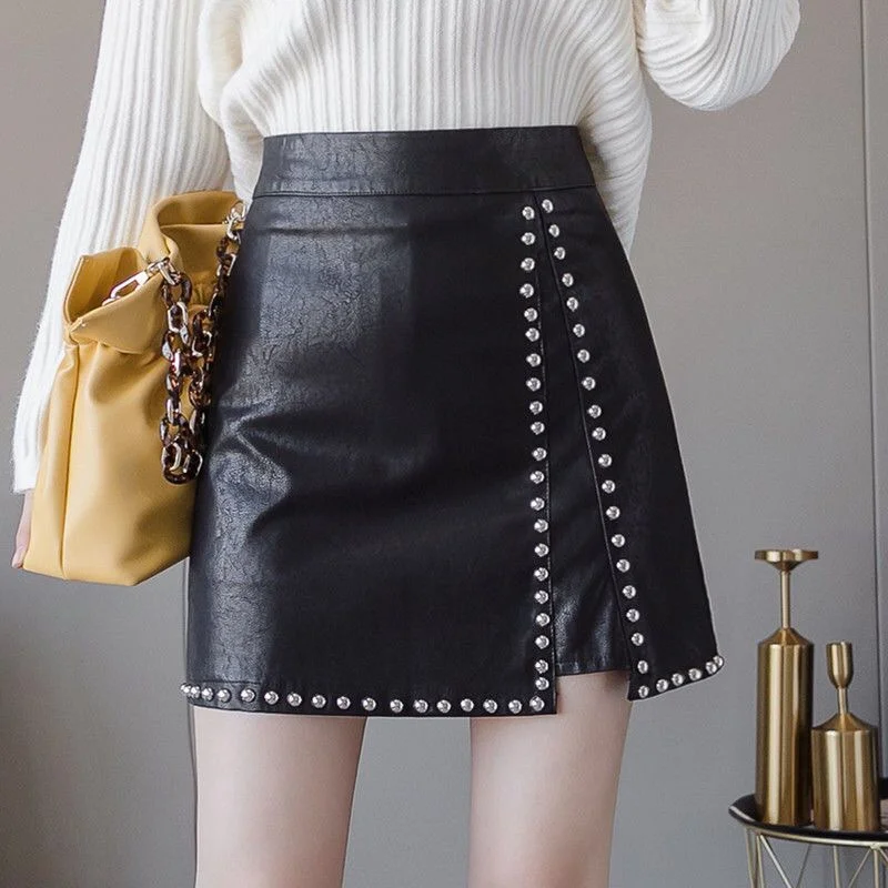 

Streetwear Black Faux Leather Skirts for Women High Waisted Bodycon Mini Basic Pencil Rivet Sexy Slit Sexy Summer Skirt Faldas