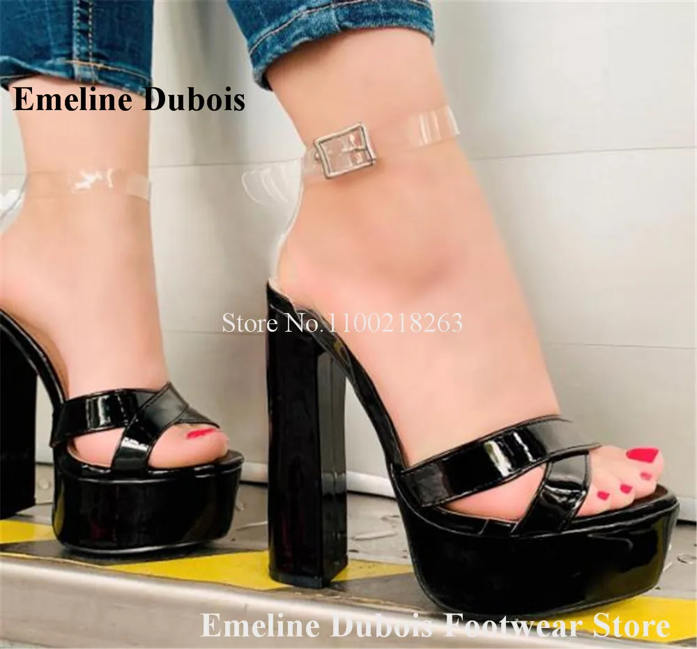 PVC Patchwork Chunky Heel Sandals Emeline Dubois Open Toe Black Nude Patent Leather Transparent Straps High Platform Dress Shoes
PVC Patchwork Chunky Heel Sandals Emeline Dubois Open Toe Black Nude Patent Leather Transparent Straps High Platform Dress Shoes