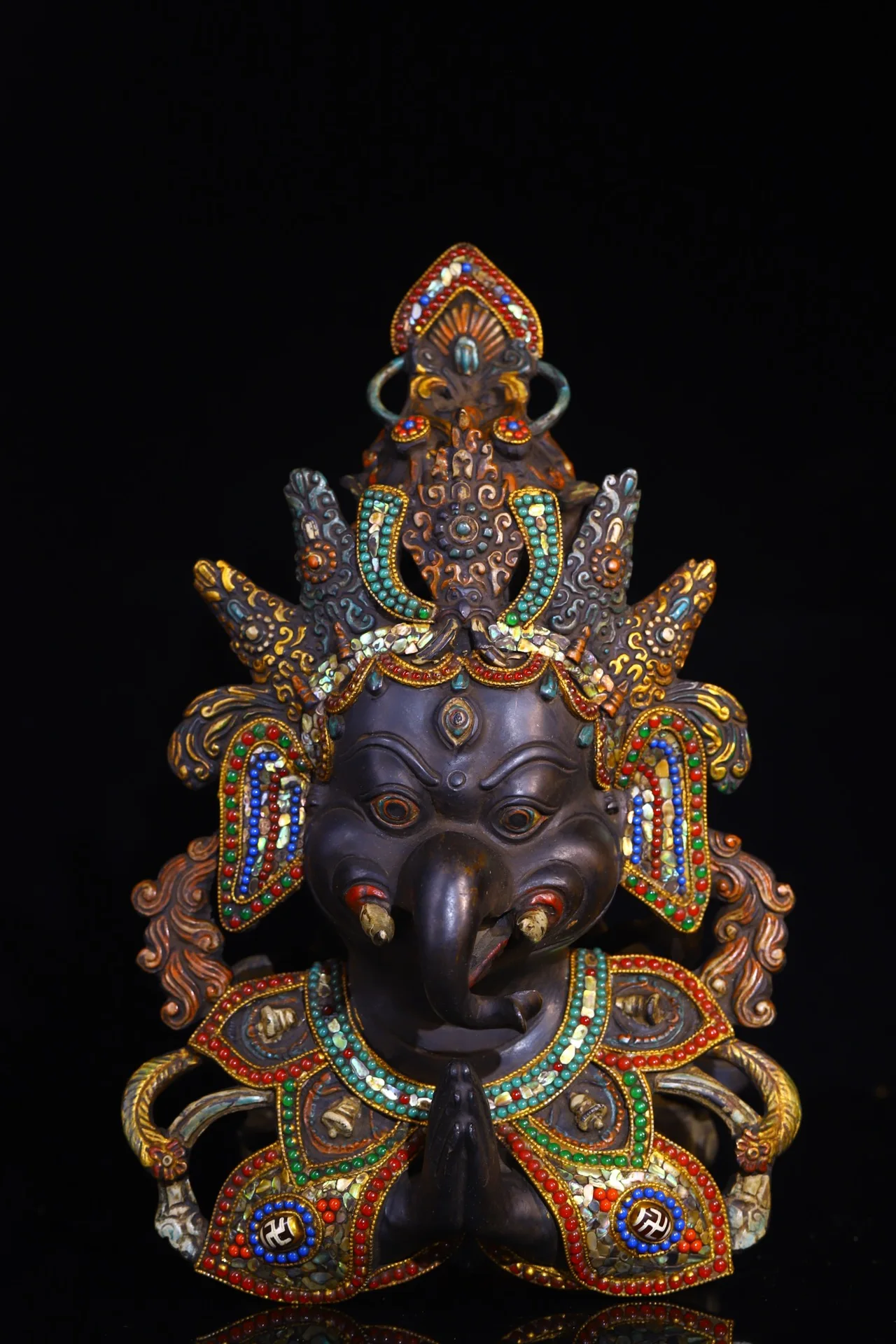 

13"Tibetan Temple Collection Old Bronze Mosaic Gem gZi Beads Shell Ganesh Buddha Head Mask Elephant Worship Hall Town house