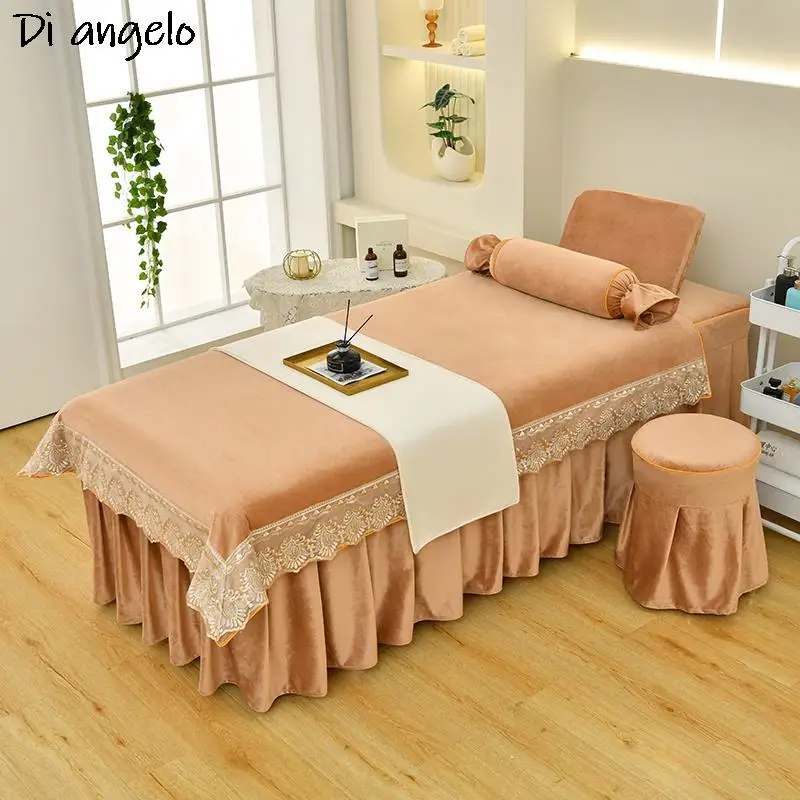 

4-8pcs Custom Size LOGO Bed Cover Duvet Cover Solid Color Baby Crystal Velvet Beauty Salon Massage Head Spa Sheet Bedding Set #S
