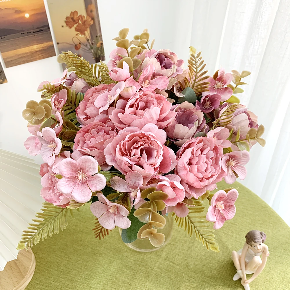 Generic Artificial Flowers 10 Heads Peony Pink Silk Roses Bride Bouquet