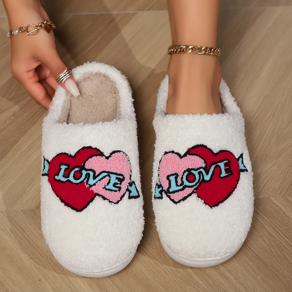 

Valentine's Day Gift Couples Home Slippers Love Heart Cupid's Arrow Cotton Shoes Non Slip Winter Warmy Fluffy Comfy Shoes Gift