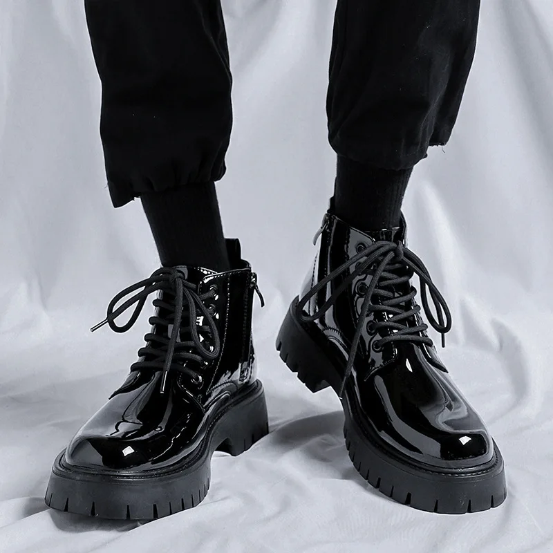 

men luxury fashion patent leather boots black trendy platform shoes party banquet dress cowboy ankle boot short botas masculinas