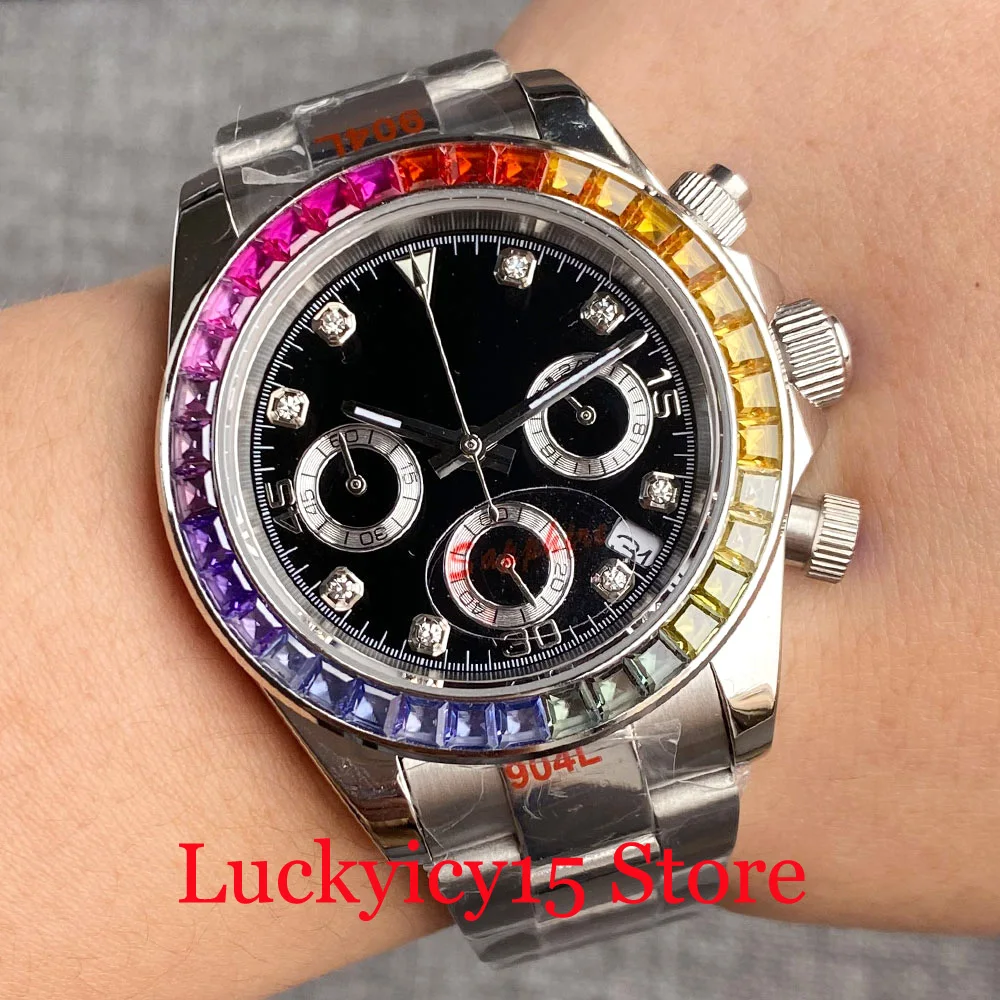 

BLIGER 39MM Black Dial Multicolour Bezel Chronograph VK63 Quartz Multi-Function Men Watch Sapphire Glass Steel Strap