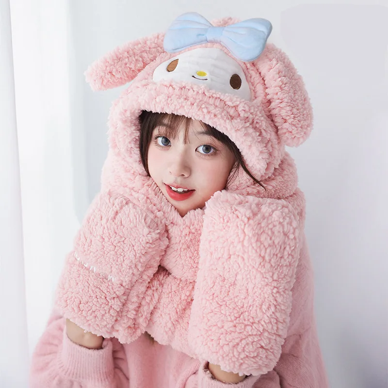 

Sanrio My Melody Kuromi Cartoon Cute Plush Three Piece Set Warm Kt Cat Glove Scarf Hat Integrated Winter Riding Cold Prevention