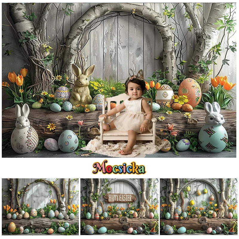 

Mocsicka Photography Background Easter Happy Eggs Bunny Treehouse Decor Birthday Party Kids Portrait Backdrop Photo Studio