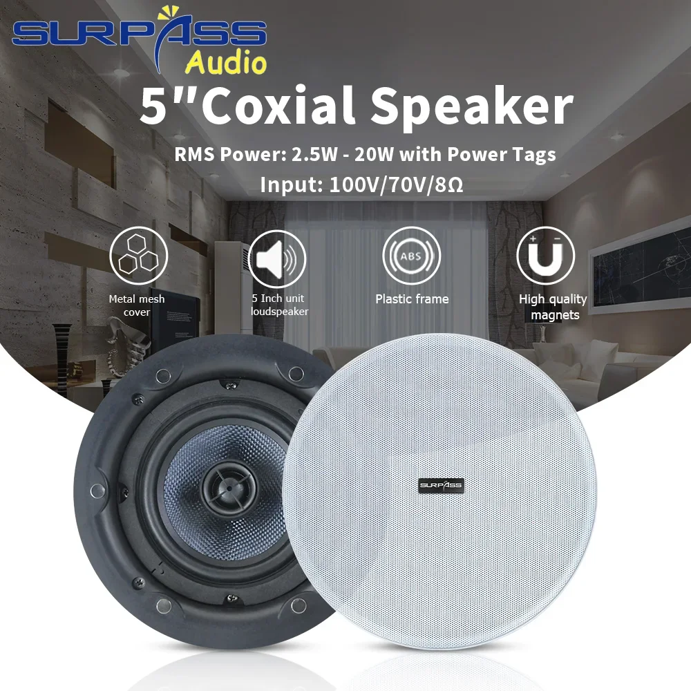 

5.25 Inch 100V/70V/8Ohm Frameless Coaxial Flush Mount Ceiling Speaker with Magnetic Grill Back Cover Passive Audio Loudspeaker