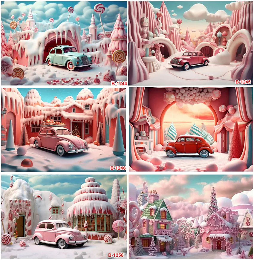 

Photography Pink Theme Backgrounds Winter Snowy Christmas Car Gifts Cake Smash Kids Family Portrait Decor Photo Backdrops Studio