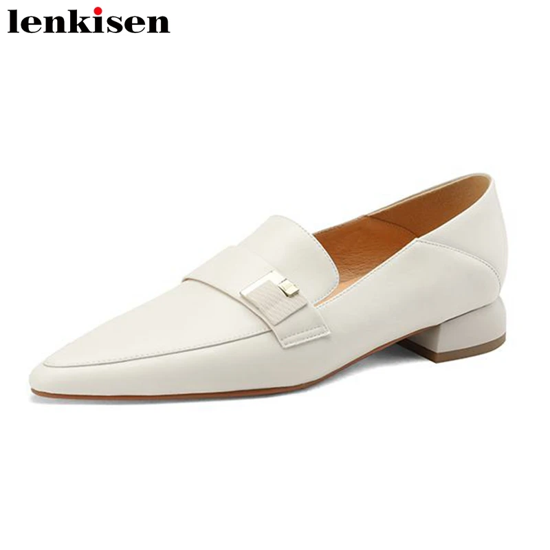 

Lenkisen New Sheep Leather Pointed Toe Grace Summer Shoes Low Heels Metal Decorations Concise Shallow Slip on Brand Women Pumps