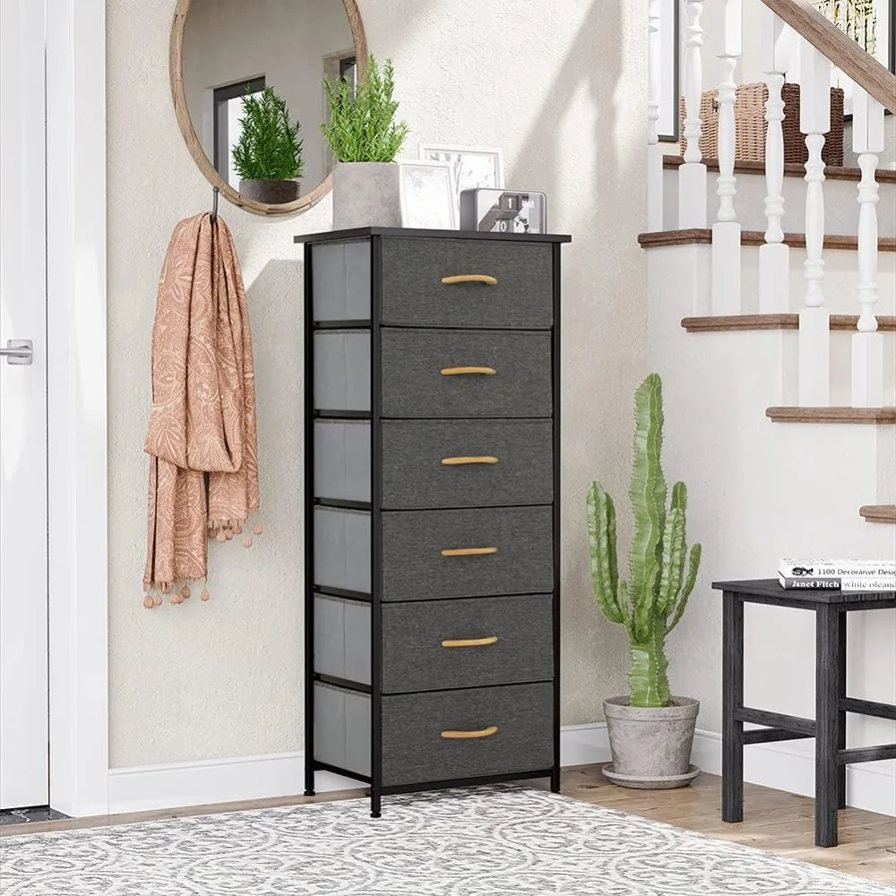 

Vertical Dresser Storage Tower - Sturdy Steel Frame, Wood Top, Easy Pull Fabric Bins, for Bedroom, Hallway, Closets 6 Drawers