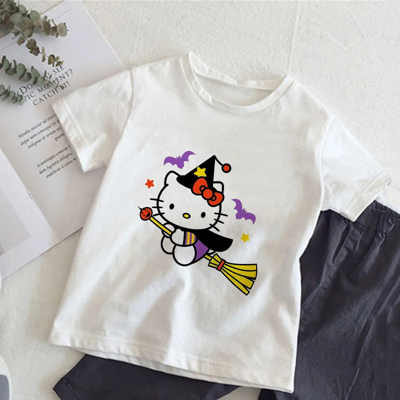 

Sanrio Halloween Children T-shirt Kawaii Hello Kitty T Shirts for Girls Clothes Cartoons Casual Fashion Kid Boy Short Sleeve Top