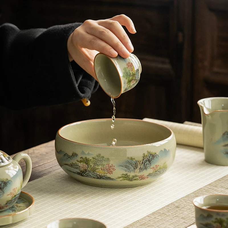 

Landscape Porcelain Tea Wash Bowl For Tea Set Ceramic Jianshui Cup Pen Wash Blue And White Ceremony Utensils Tea Ware Basin