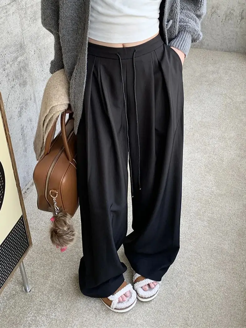 

Alien Kitty Work Wear Black Mopping Pants Women Chic Straight 2023 Autumn Loose New Wide Leg Office Lady High Waist Slim