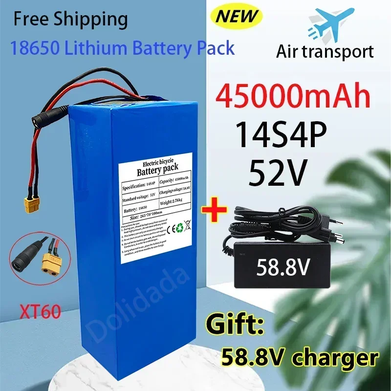 

NEW 52V 14S4P 45000mah 18650 2000W lithium battery for balance car, electric bike, scooter, tricycle (with bms 58.8V charger)