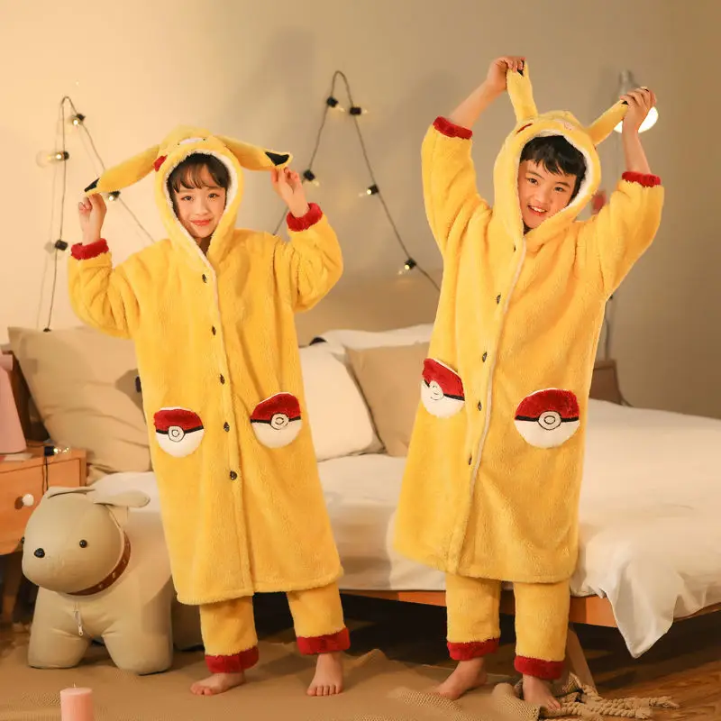 

Pokemon Anime Pikachu Autumn Winter Hooded Pajamas Bathrobes Kid Thickened Nightgown Coral Velvet Home Clothes Bath Robes Gift
