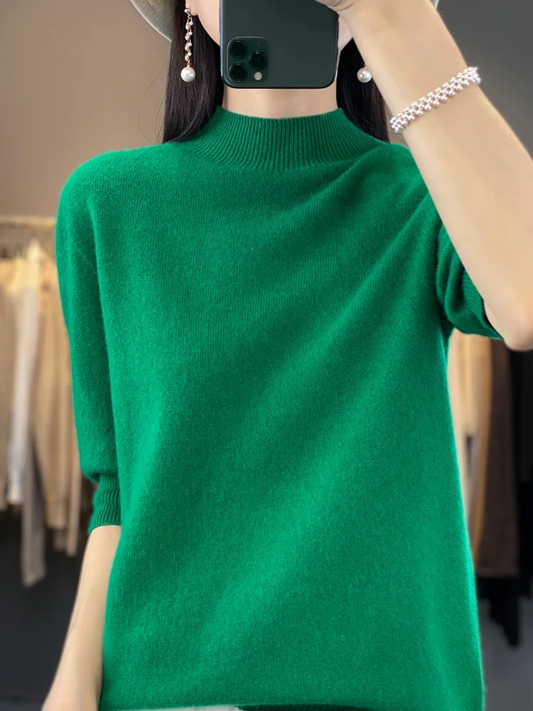 

Spring Summer Autumn Mock Neck Women Sweater 100% Merino Wool Pullover Basic Short Sleeve Cashmere Knitwear Female Clothes Tops