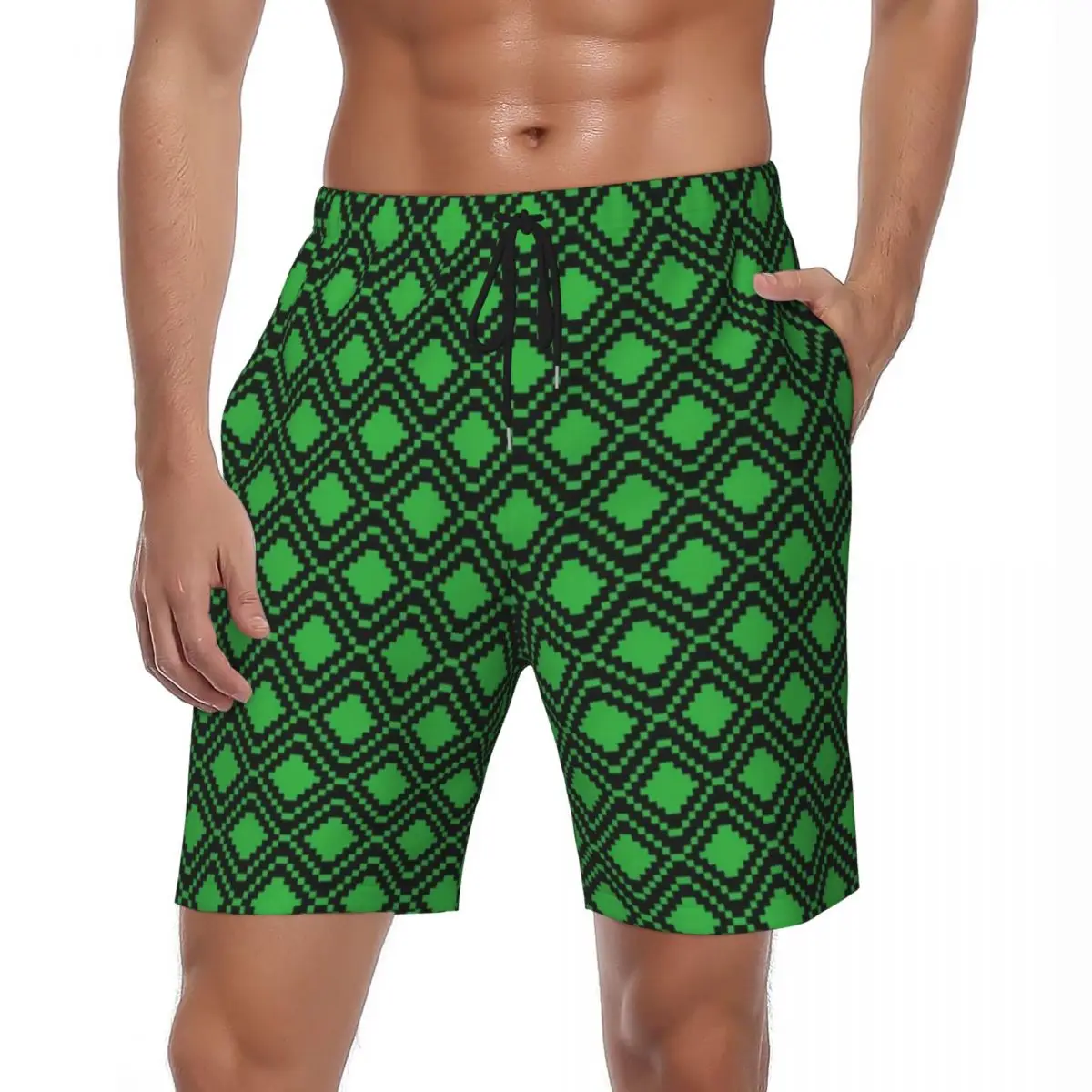 

Summer Board Shorts Men Green Nordic Lines Sports Surf Retro Pixel Art Design Beach Shorts Y2K Retro Quick Dry Swim Trunks