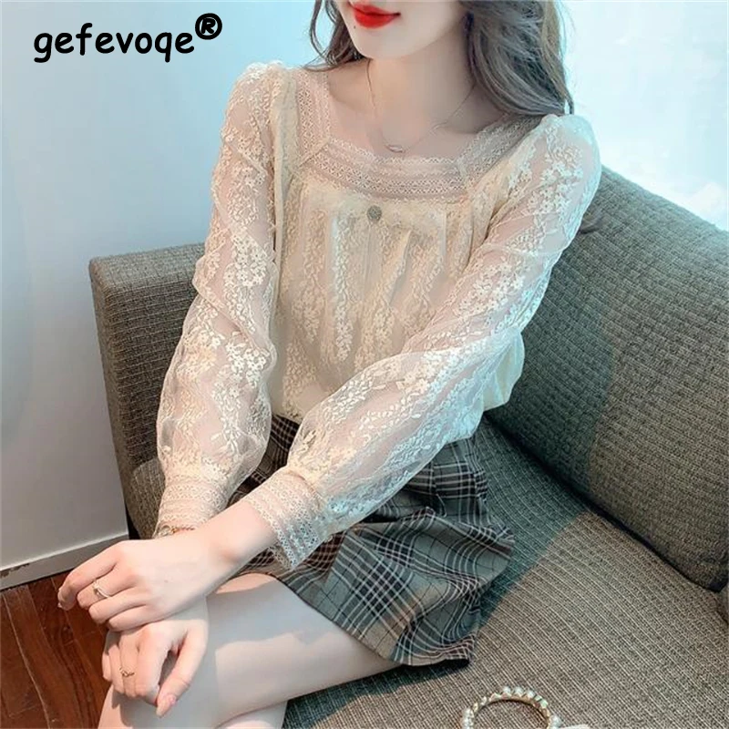 

Women's Korean Fashion Square Collar Sexy Sheer Lace Blouse Solid Fairy Sweet Chic Shirt Long Sleeve Tops Autumn Casual Blusas