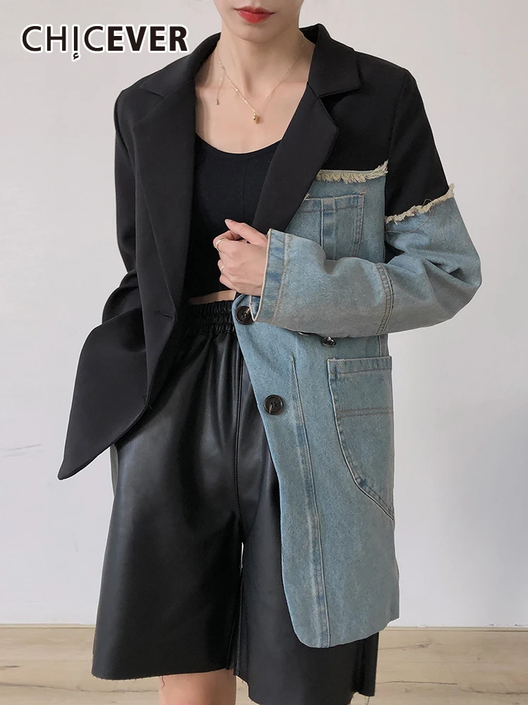 

CHICEVER Irregular Hem Spliced Denim Blazer For Women Notched Collar Long Sleeve Single Breasted Casual Hit Color Blazers Female