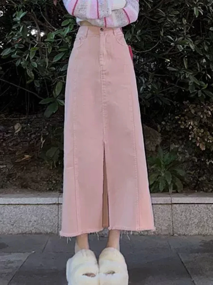 

Colorful Skirts Women Japanese Style Slit Ankle Length Stylish Slouchy Hipster Sweet Raw Edge Denim Youthful Vitality Loose 2023