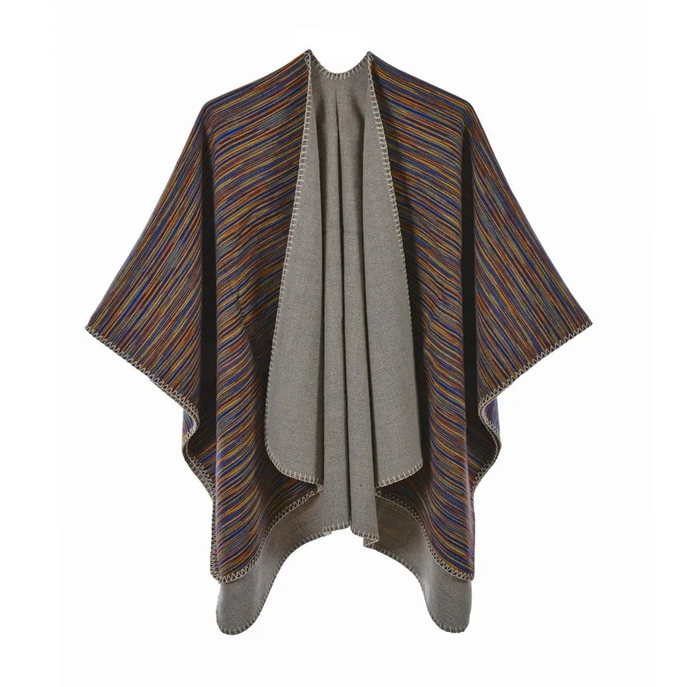 

Женская вязаная Двусторонняя шаль, модное уличное пончо в ассиметричную полоску на осень и зиму, женские накидки, серые плащи
