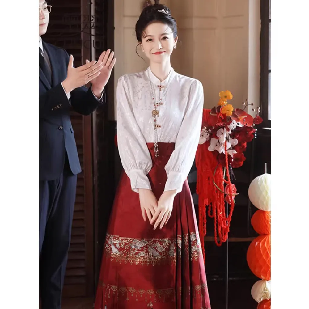 

2024 New Retro Improved Hanfu Daily Wear with Chinese Style Suit Female Autumn Horse Skirt Toasting Dress Womens Two Peice Sets