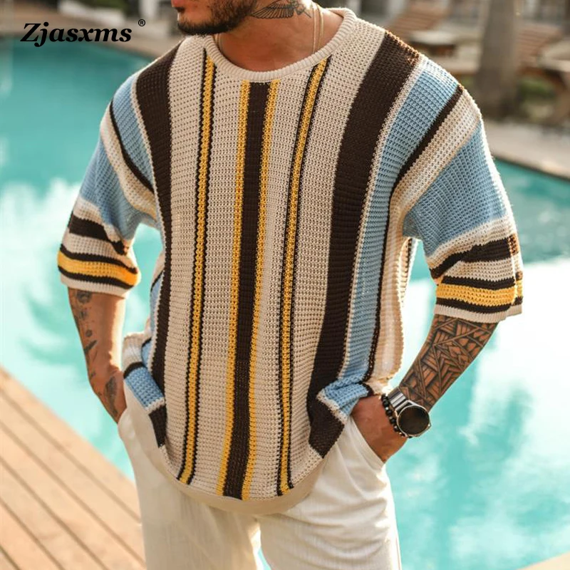 Summer Hollow Out Loose Casual Jacquard Tops Mens Striped Knitted Sweater Pullover Tops Fashion O Neck Half Sleeve Street Blouse
Summer Hollow Out Loose Casual Jacquard Tops Mens Striped Knitted Sweater Pullover Tops Fashion O Neck Half Sleeve Street Blouse