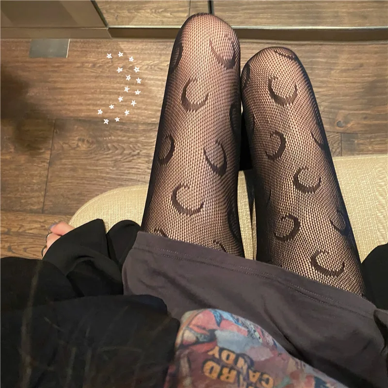 

Moon Fishing Net Socks Women Sexy Hollow Lolita Perspective Socks Black Silk Stockings Tide Beautiful Legs Thin Sex Pantyhose