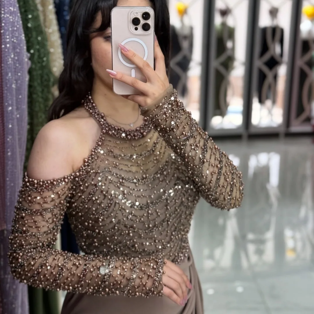 Sansa Customized Beaded Halter Neck Prom Dresses Long Sleeves فساتين للمناسبات الخاصة Pearls vestidos de fe 11 Sd85580b94a614735813a5b0db9e8181a5