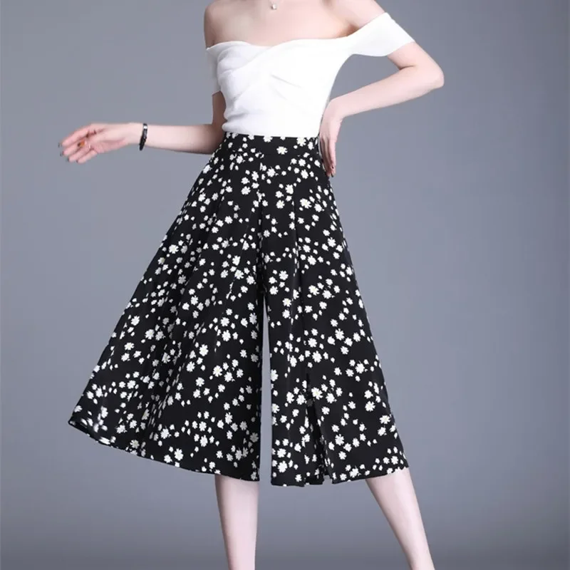 

2024 Women's Summer New Patchwork Elastic High Waisted Pocket Print Chiffon Slimming Loose Casual Cropped Slim Pants Skirt Z711