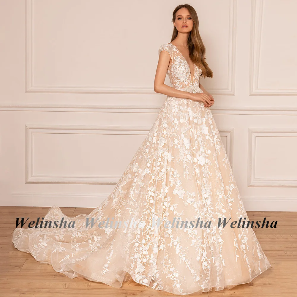 Luxury Champagne Lace Wedding Dress Cap Sleeve V Neck Beading Glitter Tulle Sweep Vestido NoivaTrain Custom Size Bridal Gown
Luxury Champagne Lace Wedding Dress Cap Sleeve V Neck Beading Glitter Tulle Sweep Vestido NoivaTrain Custom Size Bridal Gown
