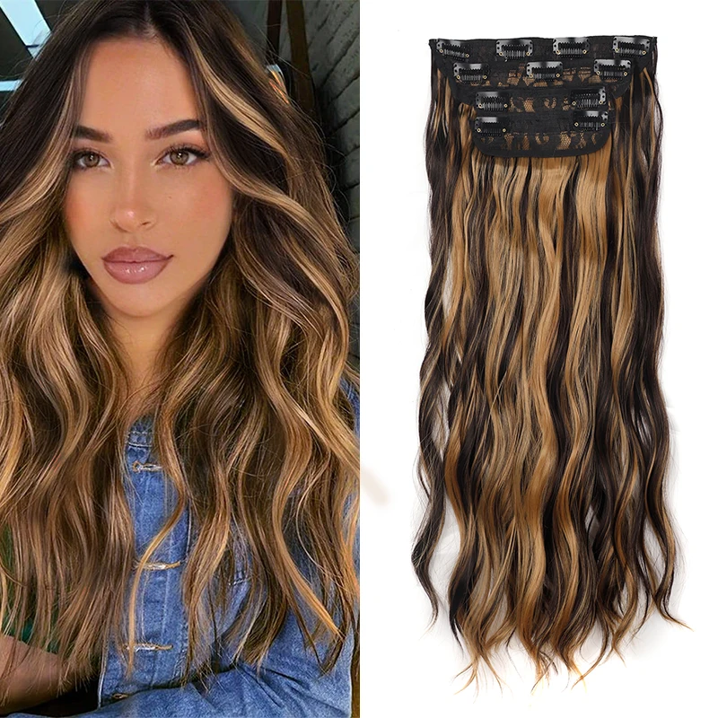 

4pcs/set Wavy Clip in Hair Extension for Women 24inch Long Wavy Thick Hairpieces Ombre Blonde Synthetic Heat Resistant Fake Hair