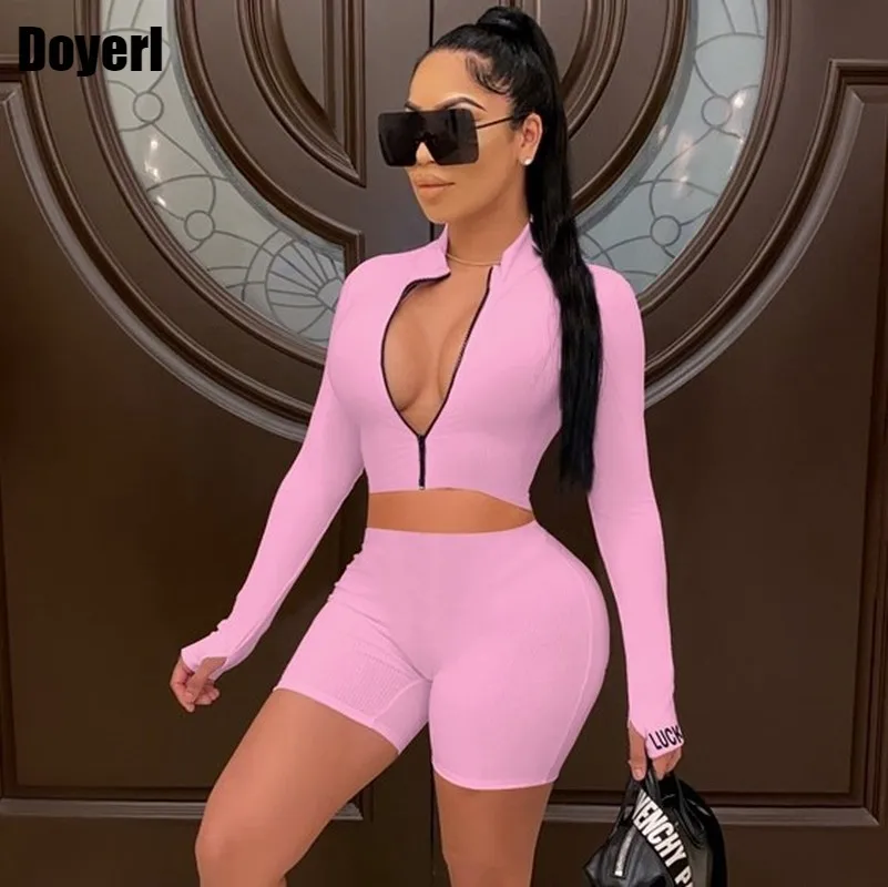 

Autumn Two Piece Sets for Women Outfits Long Sleeve Crop Tops and Biker Shorts Set Sportwear Casual Pink Tracksuits Women Set