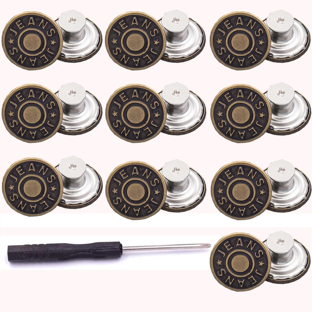 

10pcs Replacement Jeans Buttons 17mm No-Sew Nailess Removable Metal Jeans Button w/ Repair Combo Thread Rivets and Screwdrivers