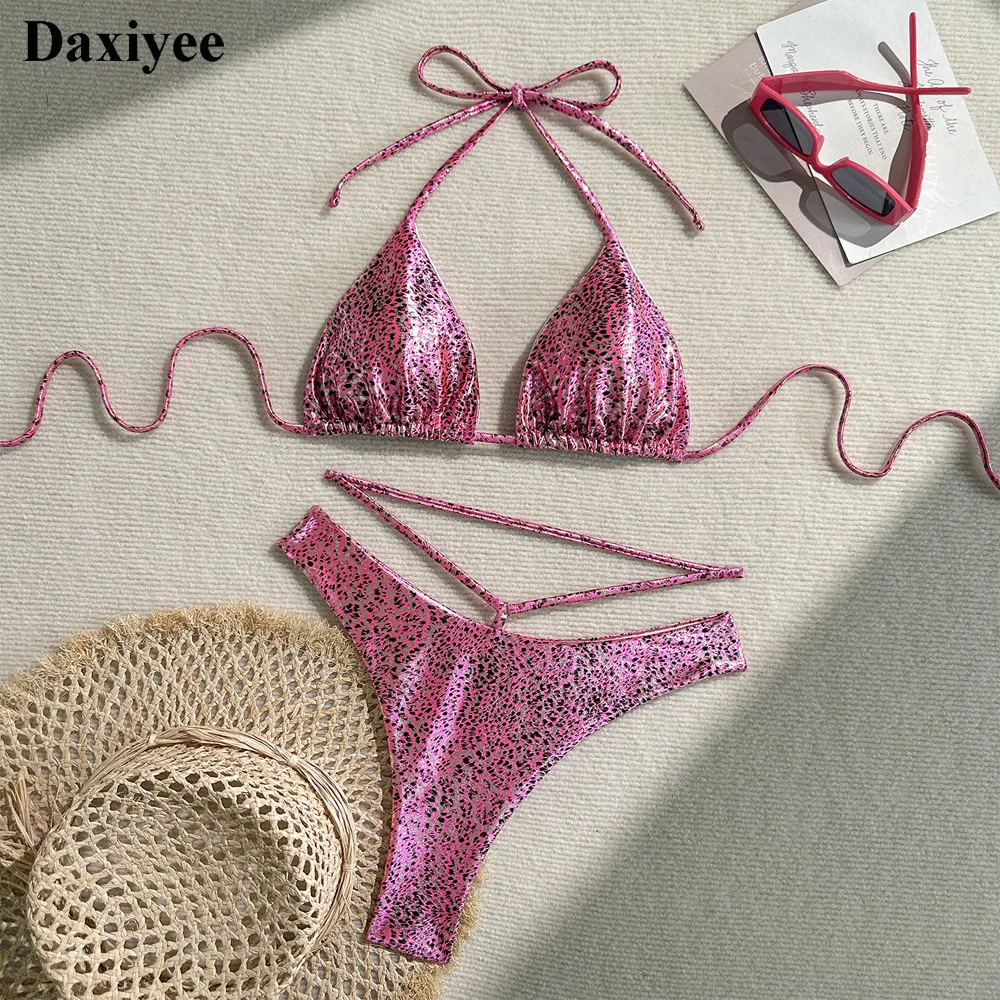 PU Leather Two Pieces Bikini Set Shiny Sparkling Leopard Print Women