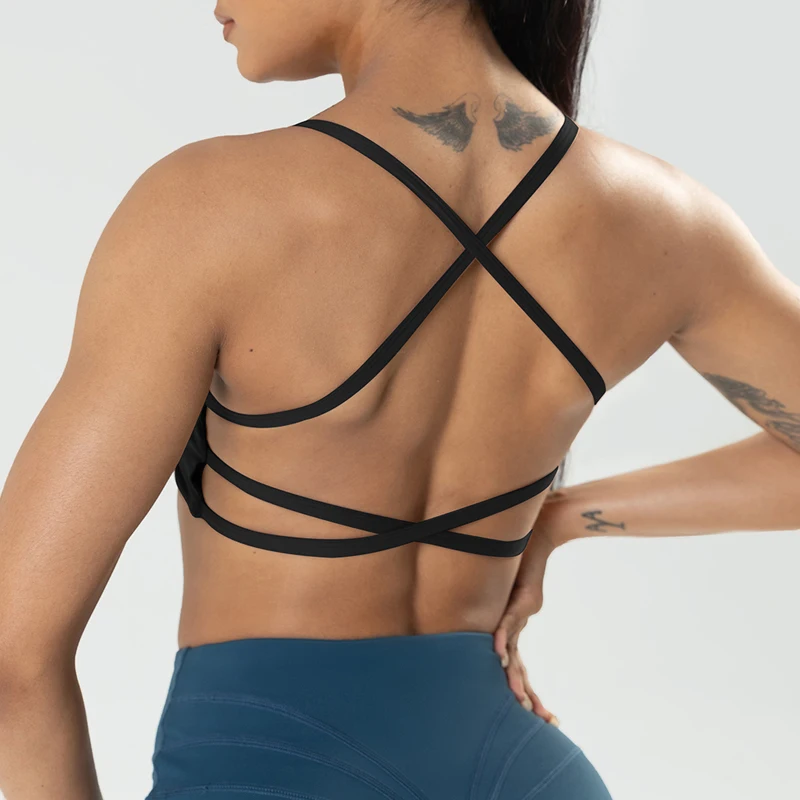 

VITALINOVO Women's Sports Bra Strappy Criss Cross Back Bra Backless Removable Padded Yoga Cami Crop Top Low Impact Fitness Bras