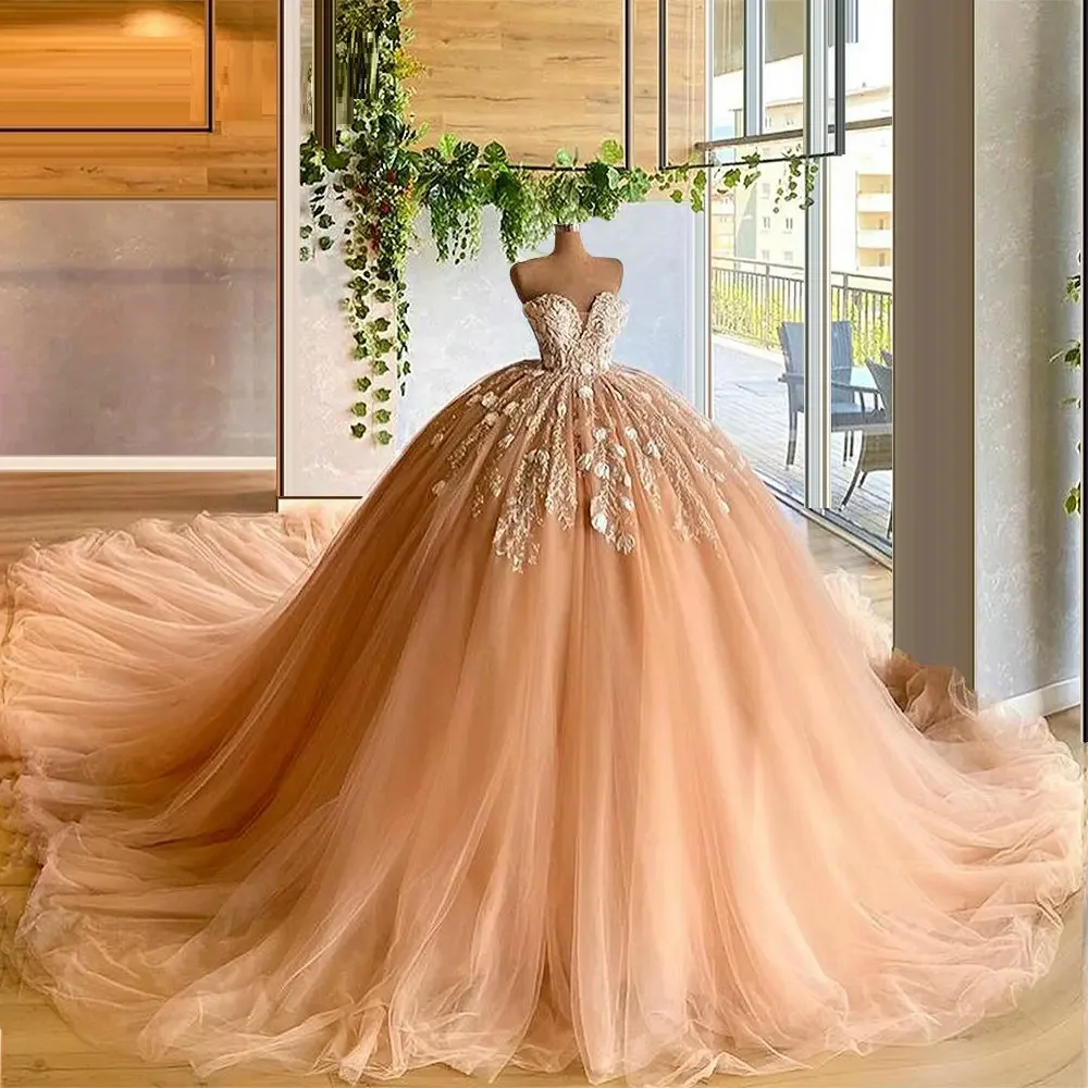 

Peach Puffy Ball Gown Evening Dresses Sweetheart Neck Applique Flowers Prom Dresses Chapel Train Tulle Evening Gowns Formal Dre