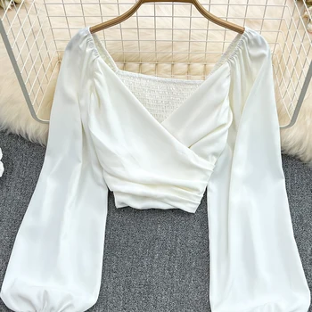 Beiyingni 2022 Spring Summer V-neck Blusas Women Plain Sexy Elastic Long Puff Sleeve Blouses Ladies Chic Ruched Crop Tops Female