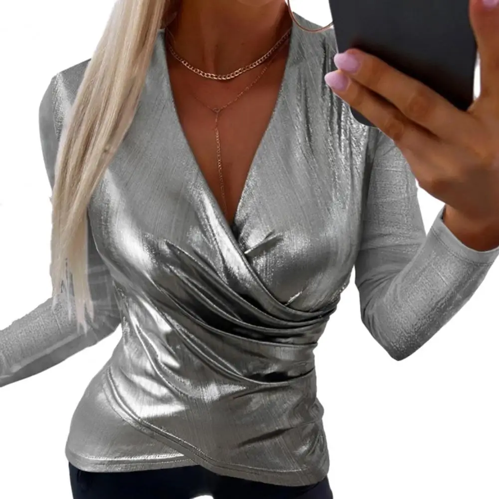 Blouse Women Shirt Deep V Neck Glossy Surface Baggy Cross Tight Waist Long Sleeve Solid Color Faux Leather Lady Club Commute Top
Blouse Women Shirt Deep V Neck Glossy Surface Baggy Cross Tight Waist Long Sleeve Solid Color Faux Leather Lady Club Commute Top