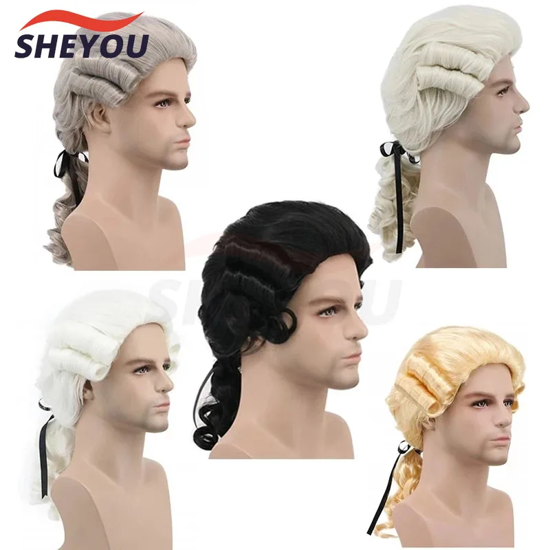

Grey White Black Lawyer Judge Baroque Curly Costume Wigs Deluxe Historical Halloween Long Synthetic Cosplay Wig + Wig Cap