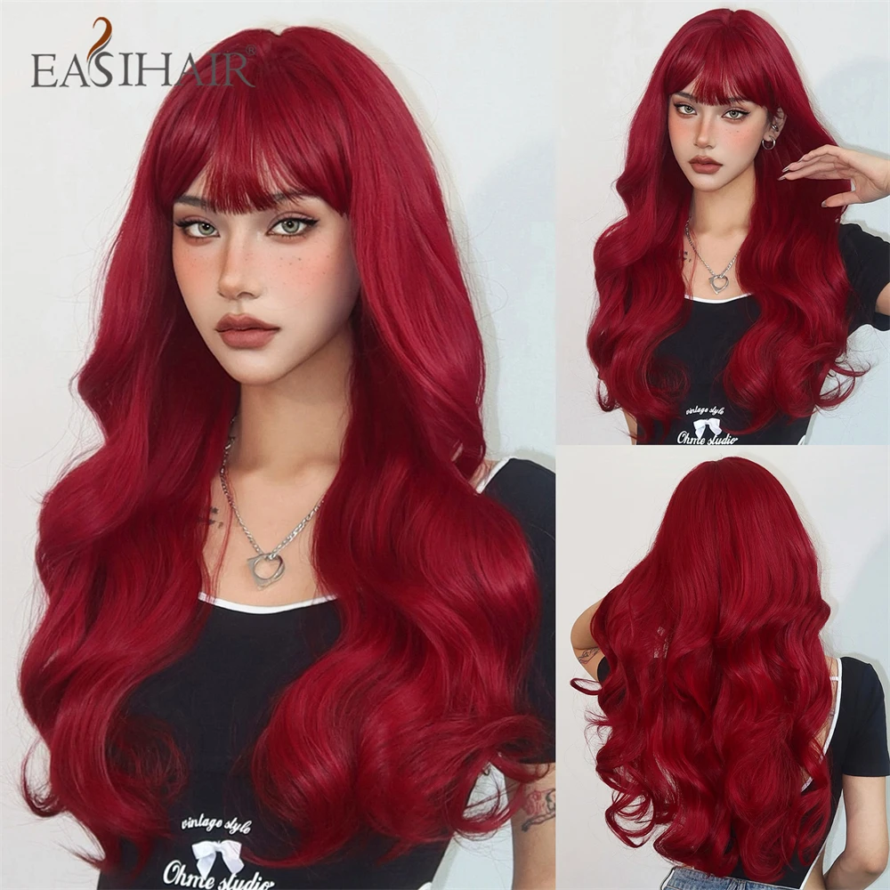 

EASIHAIR Wine Red Burgundy Long Wavy Synthetic Women Wig with Bang Cosplay Party Halloween Red Hair Wig Heat Resistant Fake Hair